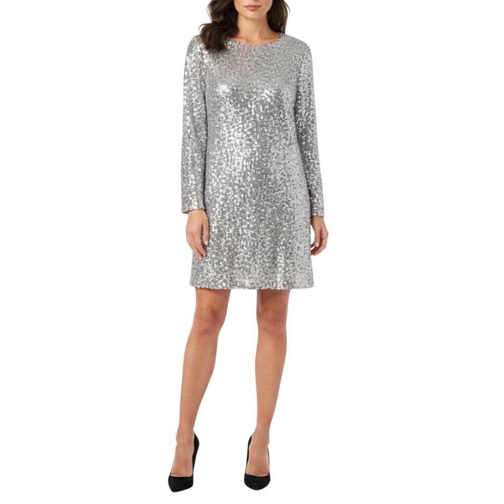 AQUA Silver Cocktail Dress Sequined Long Sleeve Mini Shift Medium